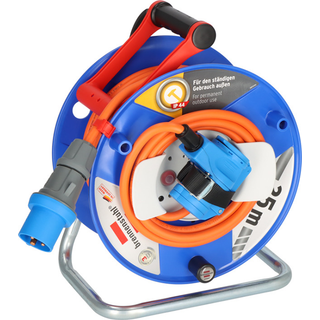 CEE kabeltromle med 23+2m RN kabel i orange (camping kabeltromle med CEE hjørne kobling inkl. fatning + CEE stik, til udendørs brug)
