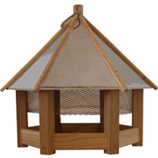 Fuglefoderhus med Zinktag og net. Udført i FSC certificeret egetræ. ø44 cm.