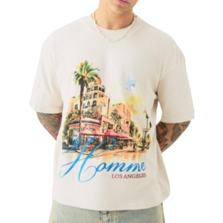 Mens Ecru Oversized Boxy Homme Landscape Print Wash T-shirt
