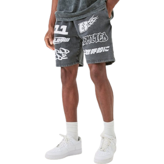 Mens Black Relaxed Moto Puff Print Washed Shorts