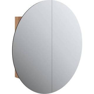 badeværelsesskab med rundt spejl og LED-lys 40x40x17,5cm egetræ