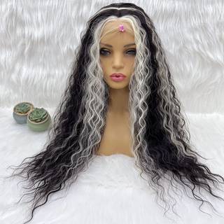 Giannay Black Mix White Wigs Curly Lace Front Wigs Black With White Streak Wigs White Skunk Stripe Wig Synthetic Lace Front Wigs For Women 26 Inc