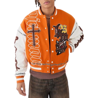 Mens Boxy Limited Badge PU Sleeve Varsity Jacket In Orange