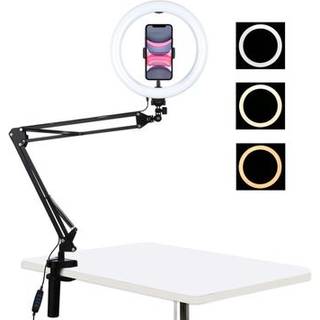 PULUZ 10.2 26cm ringbuet lys + skrivebordsarmstativ USB 3 tilstande dæmpbar dobbelt farvetemperatur LED Vlogging Selfie Photography Videolys med telefonklemme