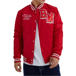 Mens Red Nylon Varsity Jacket With Badges