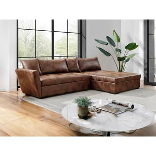 Hjørnesofa med aftrækbar microfiber i vintage brun læder ROMANE II med højre chaiselong