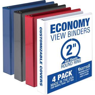 Samsill Economy 2 tommer 3 ringbindemiddel lavet i USA Round Ring Binder Non-Stick tilpasseligt dæksel ASSARTED 4 PACK (MP48696)