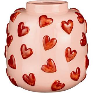 Vase lyserød med røde hjerter 28 cm høj
