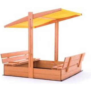 Sandkasse med tag og bænke, træ, 120 x 120 cm - gul