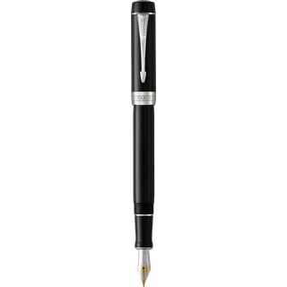 Parker Duofold Centennial-fyldepen | klassisk sort med detaljer i palladium | medium spids i rent guld | sort blæk og converter | kvalitetsgaveæske