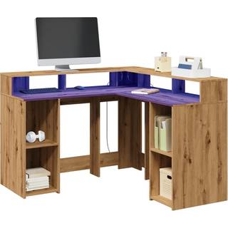 skrivebord med LED-lys 130x130x91 cm konstrueret træ gammelt eg