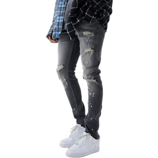 Mens Grey Skinny Stretch Bleached Ripped Knee Jeans
