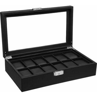 Songmics JWB302H urboks med 12 rum, stor urboks med glaslåg, PU -dækning, fløjlsforing, metallak, god gave til kære, 36,2 x 9 x 21,3 cm, sort