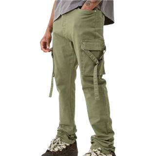 Mens Olive Tall Fixed Waist Slim Stacked Flare Strap Cargo Trouser