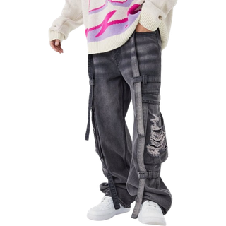 Mens Purple Baggy Rigid Strap Detail Distressed Cargo Jeans