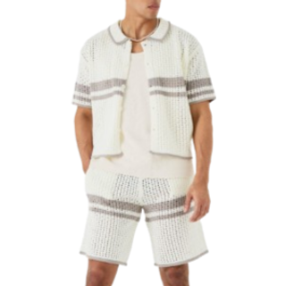 Mens Stone Relaxed Open Stitch Statement Stripe Knitted Short