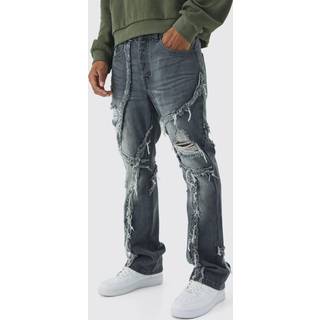 Mens Grey Slim Flared Patchwork Distressed Jeans
