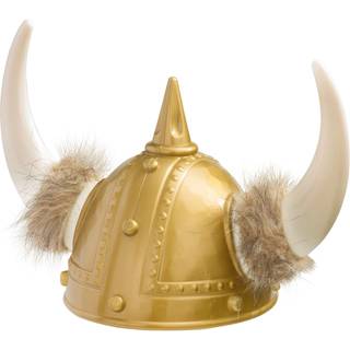 Guldfarve vikinghjelm med hvide horn - en størrelse (1 tælling) - Holdbar og iøjnefaldende Halloween & kostume fest tilbehør