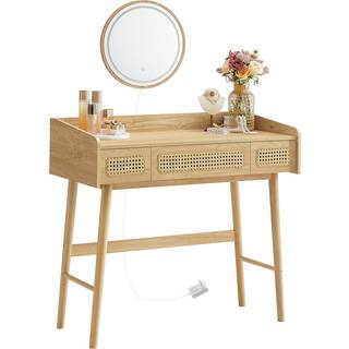 Toiletbord med spejl og lys, 3 skuffer, 3 farvenuancer, Bohemian Style, Soveværelse, Eg Beige