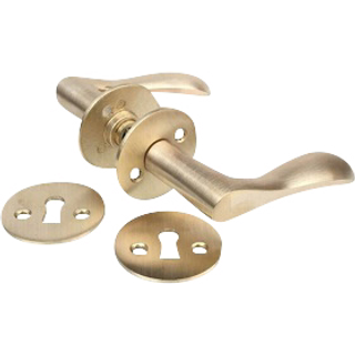 Bellevue dørhåndtag i børstet messing uden lak inkl. roset og nøgleskilt c/c 30 mm