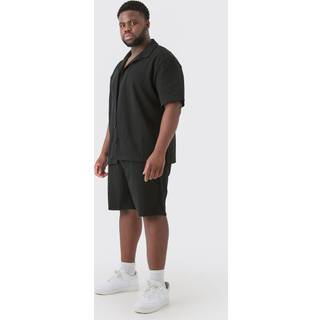 Mens Plus Short Sleeve Drop Revere Shirt & Short Set In Black