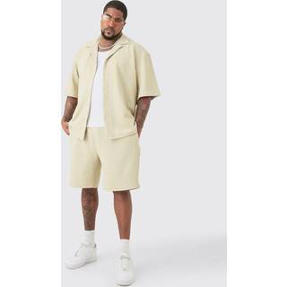 Mens Plus Herringbone Detail Shirt & Short Set In Stone