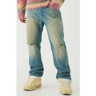 Mens Antique Blue Straight Leg Rigid Ripped Knee Distressed Jeans
