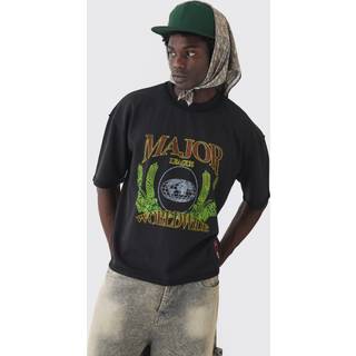 Mens Black Oversized Boxy Loopback Short Sleeve Exposed Seam T-shirt