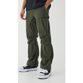 Mens Khaki Slim Fit Flare Stacked Trousers With Ruched Detail