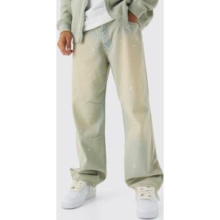 Mens Ecru Relaxed Rigid Paint Splatter Denim Jeans