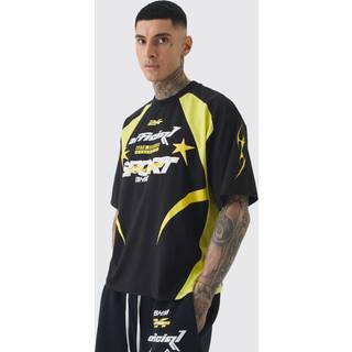 Mens Black Tall Oversized Boxy Puff Print Moto Extended Neck T-shirt