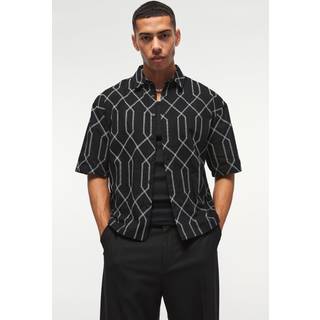 Mens Black Oversized Short Sleeve Embroidered Boxy Shirt