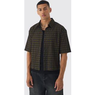 Mens Khaki Short Sleeve Crinkle Checked Oversized Shirt