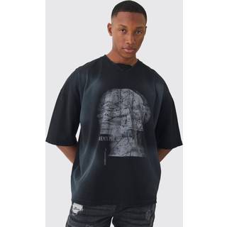 Mens Black Oversized V Neck Dropped Shoulder Washed & Printed T-shirt