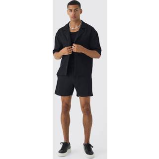 Mens Black Oversized Short Sleeve Pleated Shirt And Short