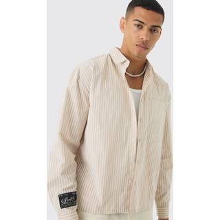 Mens Sand Oversized Poplin Stripe Long Sleeve Boxy Shirt