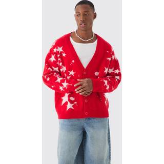 Mens Red Oversized Boxy Star Brushed Knitted Cardigan