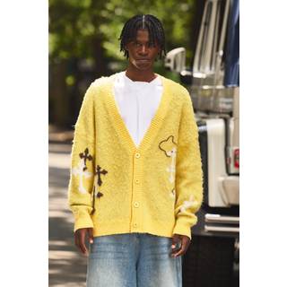Mens Yellow Oversized Boxy Cross Brushed Knitted Cardigan