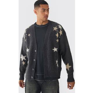 Mens Charcoal Oversized Boxy Star Brushed Knitted Cardigan