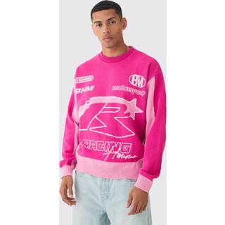 Mens Pink Oversized Boxy Moto Racing Knitted Jumper