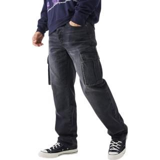 Mens Washed Black Relaxed Rigid Cargo Washed Jeans