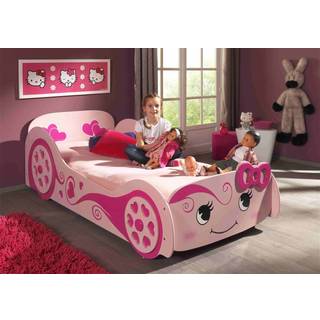 Børneseng bil – lyserød med hjerter, inkl. lamelbund og madras