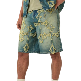 Mens Distressed Cross Applique Denim Jorts In Green