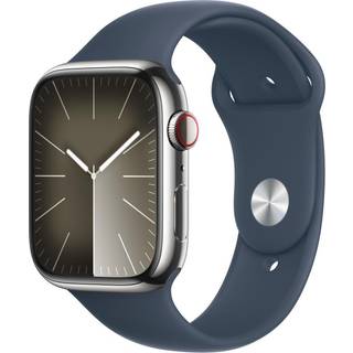 Apple Watch Series 9 GPS + Cellular 45 mm Silver rustfrit stål urkasse med Storm blå Sportsrem - M/L ➞ På lager - klar til levering