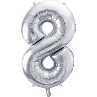 1 stk. Folieballon tal "8" sølv, 72 cm, inkl. sugerør til luft og helium, perfekt til festligheder
