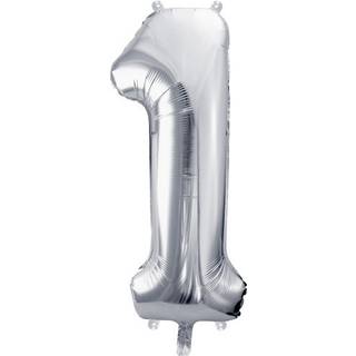 1 stk. Metallic folieballon tal "1" sølv 72 cm inkl. sugerør til luft og helium, perfekt til fest
