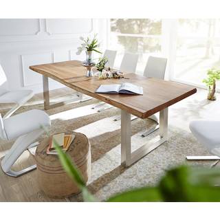 Esstisch Edge 300x100 XL Akazie Natur Edelstahl Breit Live-Edge - Natur, Silber