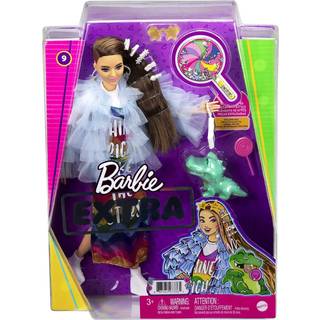Barbie Extra dukke #9 med 15 tilbehør - med regnbuekjole, blå tyljakke og krokodille