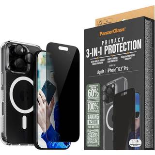iPhone 16 Pro PanzerGlass 3-i-1 Bundle m. EasyAligner - Privacy Skærmbeskyttelse (UWF) / Bagsidecover / Kamerabeskyttelse - Gennemsigtig / Sort