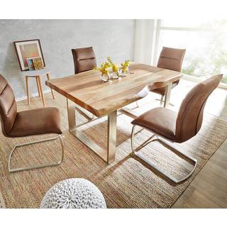 Esstisch Edge 140x90 XL Akazie Natur Edelstahl Schmal Live-Edge - Natur, Silber